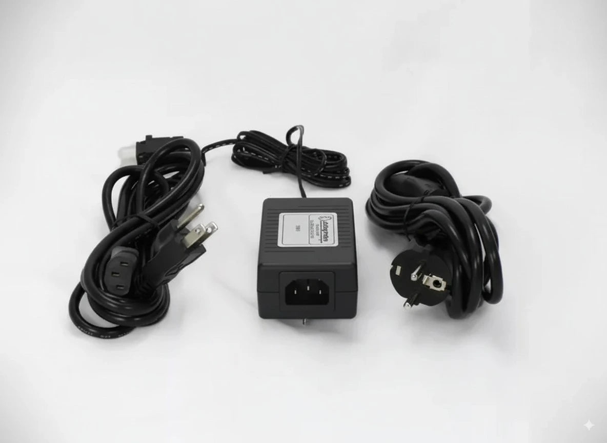 Black power adapter with multiple cables on a white background