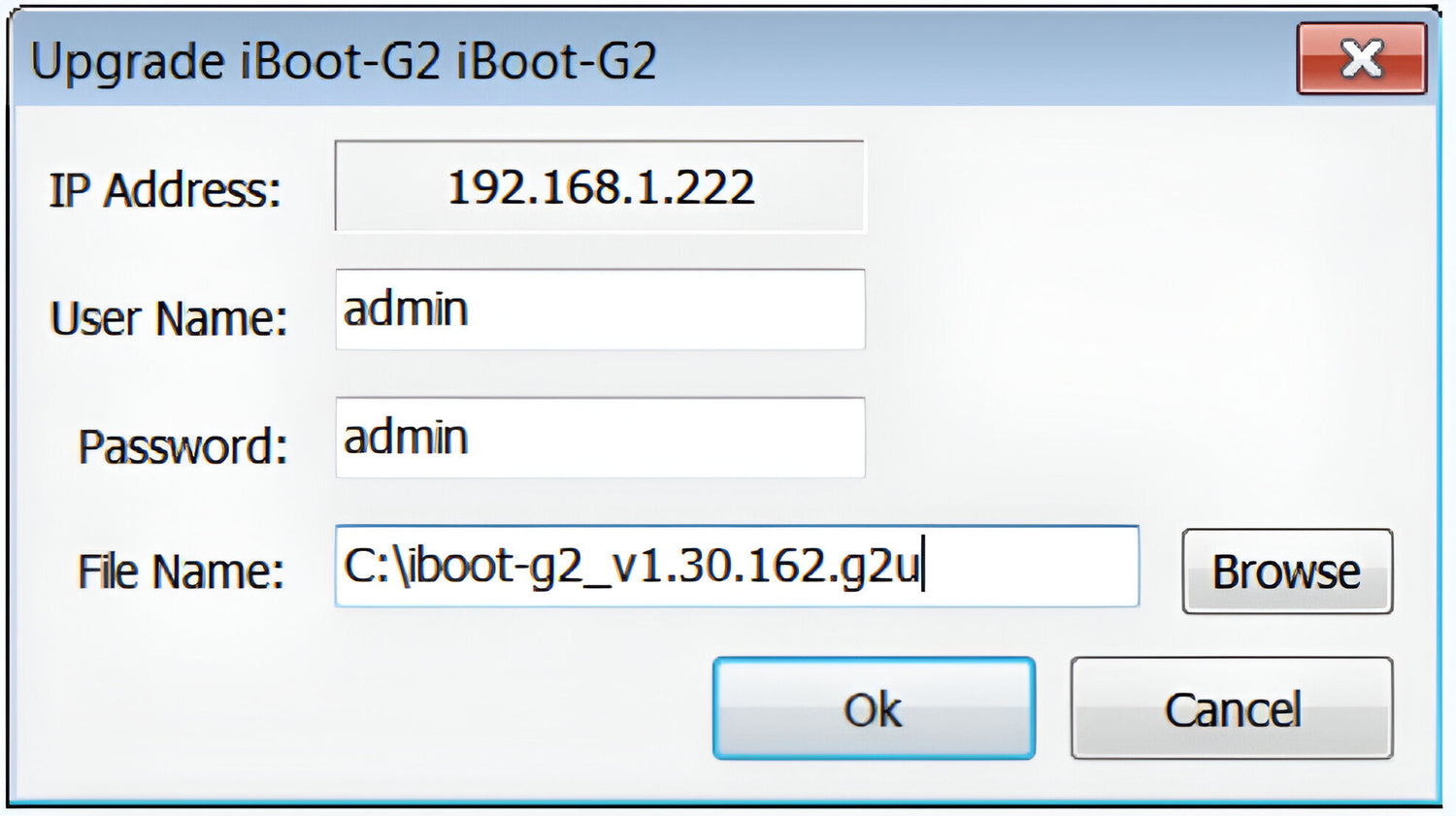Software interface for upgrading iBoot-G2 with IP address, username, password, and file name inputs.