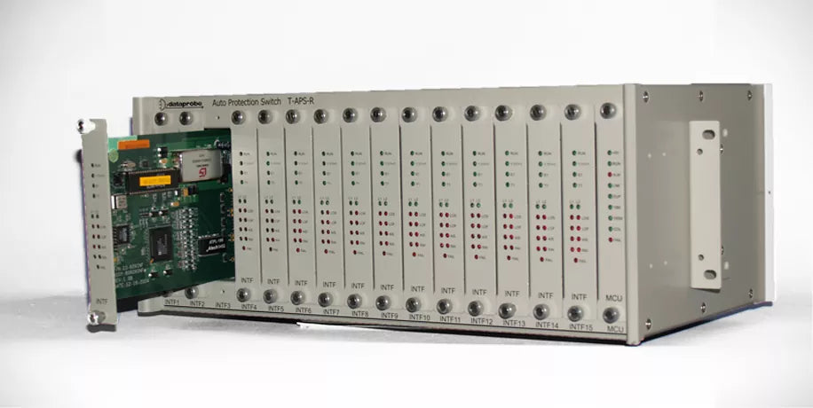 An close-up of an automatic protection switch Dataprobe T-PS-R of gray, with one of its partially extracted green circuit plates. The device has 16 slots, each with LED indicators, and the "intf" label under them. To the right, the word "MCU" is observed