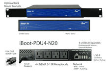 iBoot-PDU4-N20 Power Distribution Unit with 4 NEMA 5-15R receptacles, USB expansion, and network connectivity for remote power cycling and management. UL listed for safety.