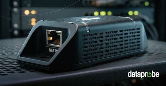 A black Dataprobe network intrusion detection system device with an RJ45 Ethernet port, shown in a close-up shot against a blurred server rack background.