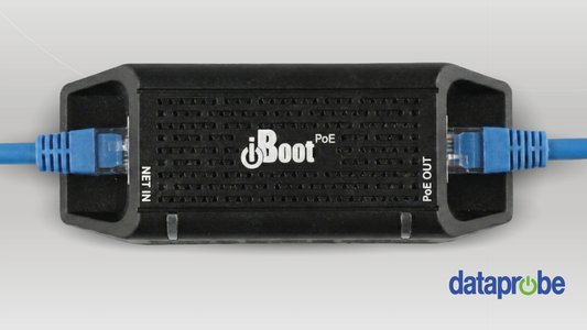 An iBoot PoE network adapter with blue Ethernet cables plugged into both ports, shown on a light gray background with a dataprobe watermark.