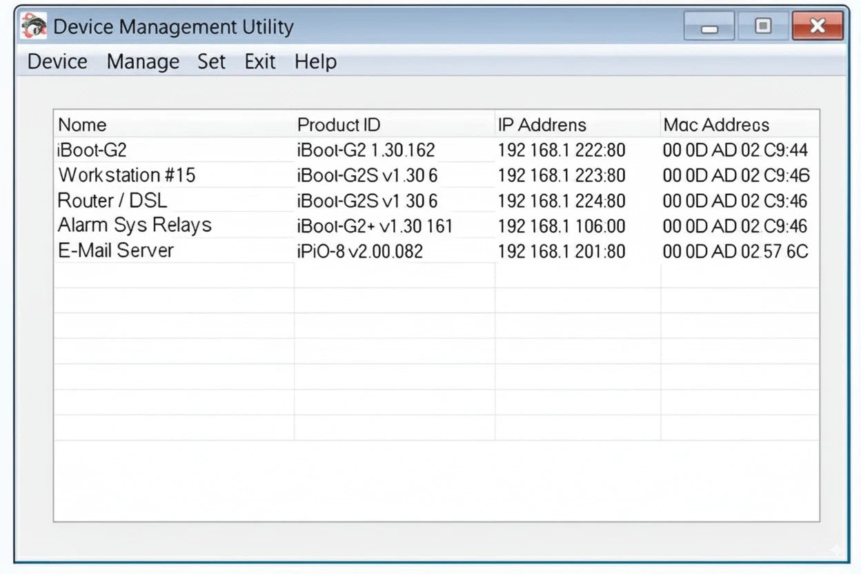 Device Management Utility window showing network devices with IP addresses and MAC addresses.