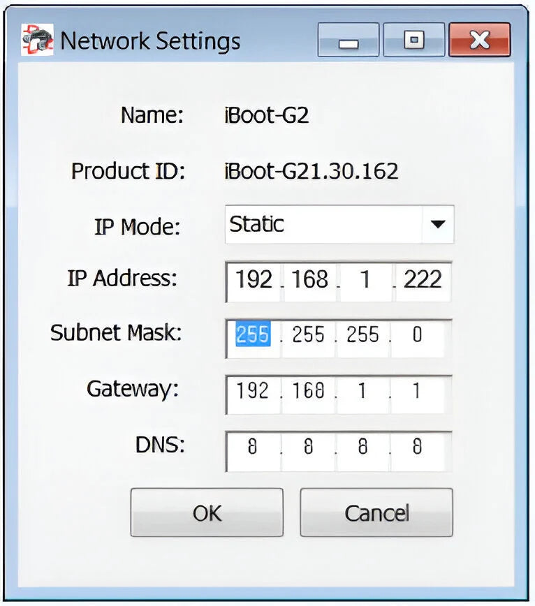 Network settings window with IP configuration details on a blue background
