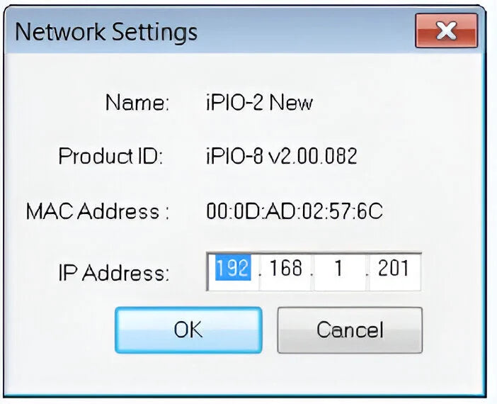 Network settings dialog box for iPIO-2 New device with IP address configuration.