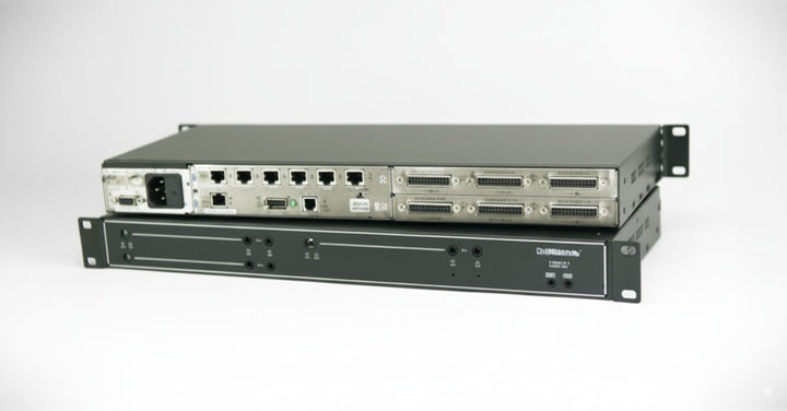 Rack-mounted electronic device with multiple ports on a white background