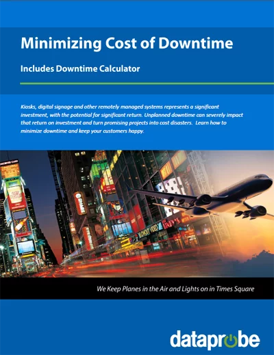 Brochure titled 'Minimizing Cost of Downtime' by Dataprobe with airplane and cityscape background.