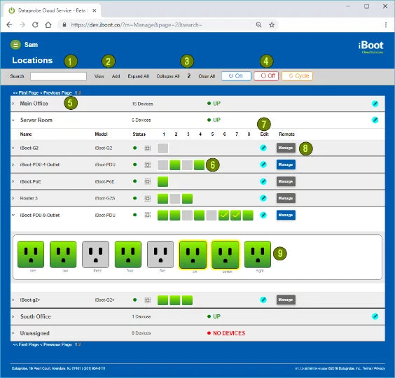 Network device management software interface with server room and office equipment status.