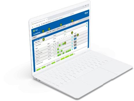 An open white laptop shows the Dataprobe Iboot Cloud Services user interface, with a list of locations and their respective states and configurations.